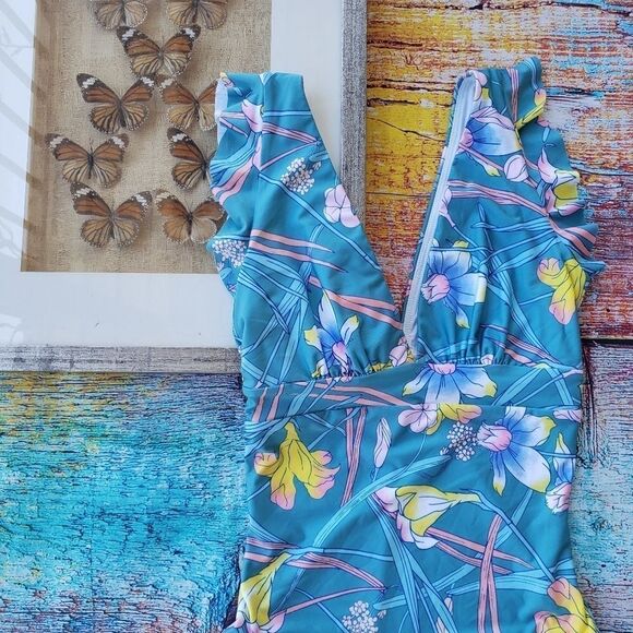 Modcloth The Kelsie Blue Floral Deep V One-Piece Swimsuit S - Picture 5 of 10